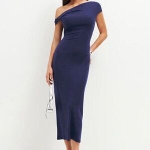 NEW Reformation Navy Jamen One-Shoulder Asymmetric Bodycon Midi Dress M